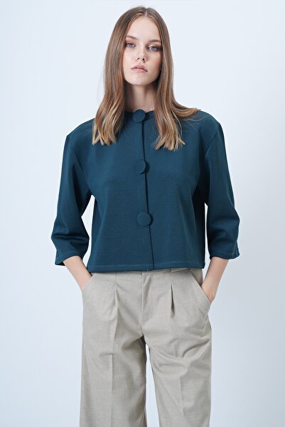 Trend Alaçatı Stili Γυναικείο μπουφάν με πράσινη επικάλυψη με κουμπιά με λαιμόκοψη ειδικής σχεδίασης ALC-X14647