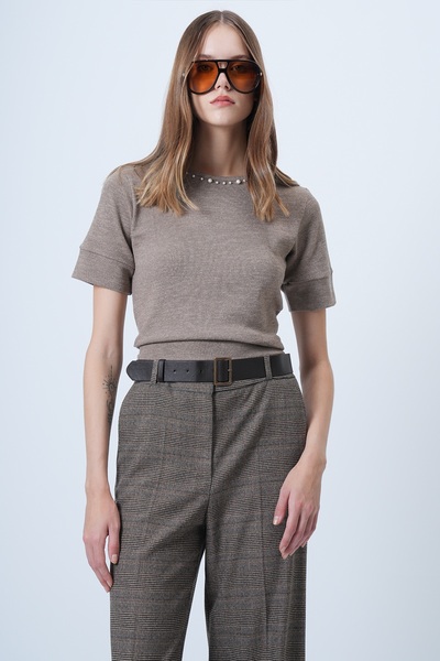 Trend Alaçatı Stili Γυναικεία καφέ πλεκτή μπλούζα με λαιμόκοψη και πέτα με πέτα ALC-X14637