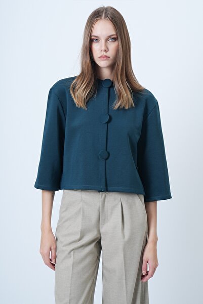 Trend Alaçatı Stili Γυναικείο μπουφάν με πράσινη επικάλυψη με κουμπιά με λαιμόκοψη ειδικής σχεδίασης ALC-X14647