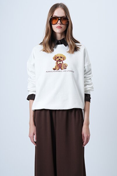 Trend Alaçatı Stili Women's Ecru Front Printed Oversize Cotton Sweatshirt Alc-X14651