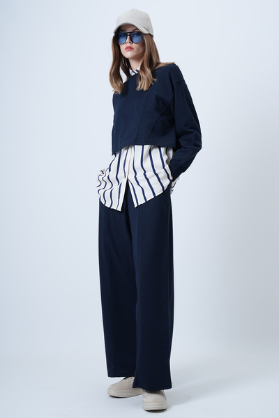 Trend Alaçatı Stili Kadın Lacivert Özel Dikiş Detaylı Sweatshirt Ve Rahat Kes...