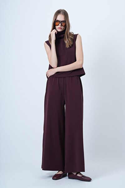 Trend Alaçatı Stili Women's Plum Turtleneck Sleeveless Blouse and Wide Leg Pants Set Alc-X14663