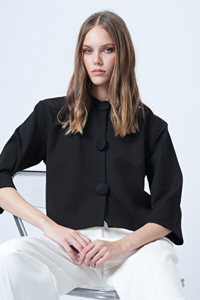 Trend Alaçatı Stili Women's Black Coated Buttoned Crew Neck Special Design Cr...