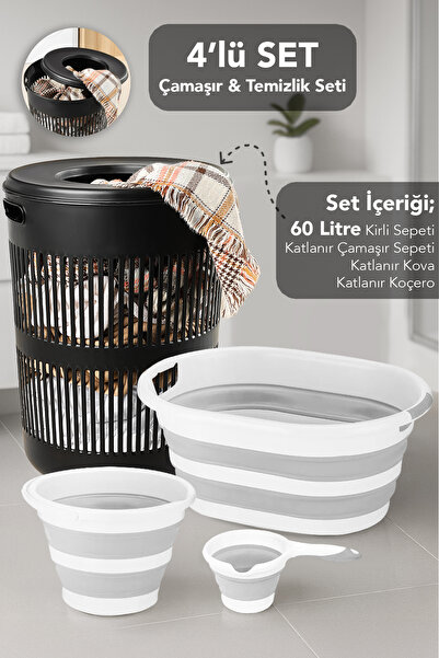 Meleni Home 4'lü Set - 60 Lt Solara Kirli Sepeti Siyah, Katlanabilir Silikon ...