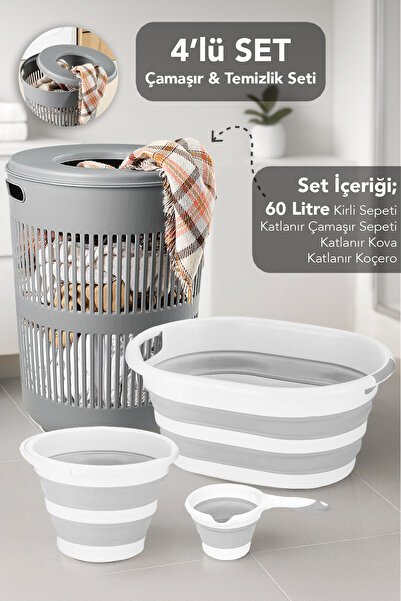 Meleni Home 4'lü Set - 60 Lt Solara Kirli Sepeti Gri, Katlanabilir Silikon Ça...