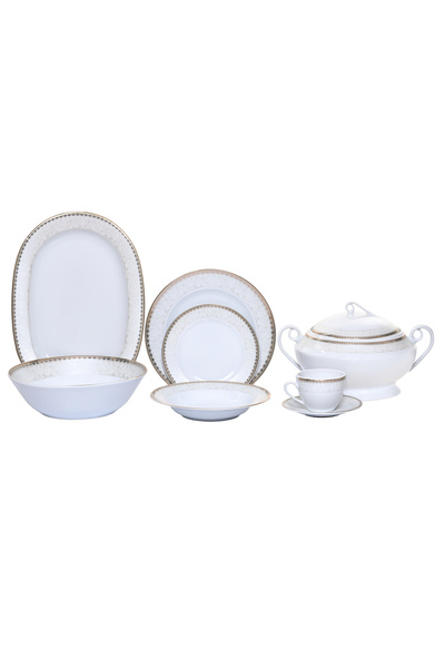 Dinova 34-piece Mahana porcelain set, gold edges – plates, cups, platter, bowl, tureen