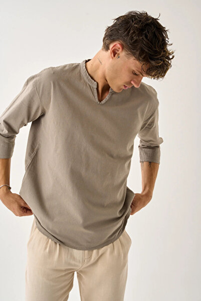 Dechers Ανδρικό πουκάμισο Fakir με λαιμόκοψη V με άνετο 100% βαμβακερό πουκάμισο E211