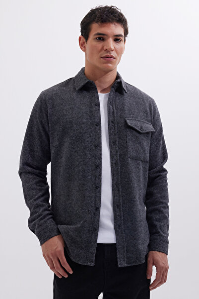 Tudors Erkek Slim Fit Tek Cep Kapaklı Düz Oduncu Spor Koyu Gri Gömlek