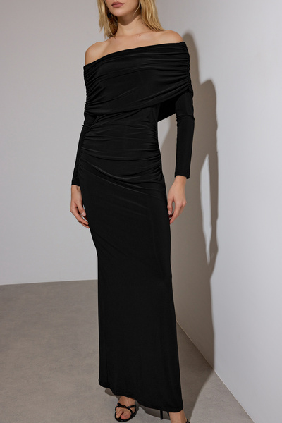 Trendyol Collection Limited Edition Black Shirred Carmen Neckline Stretchy Maxi Knitted Dress Twoaw26El00112