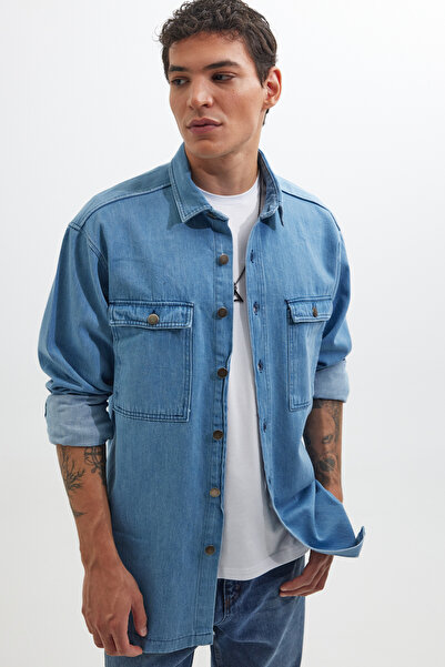 Tudors Unisex Oversize Geniş Kesim Denim Kot Çift Cepli Mavi Overshirt Ceket Tarzı Gömlek