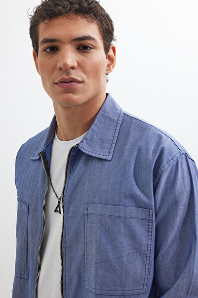 Tudors Relax Fit Uzun Kollu Denim Kot Parça Boyalı Çift Cep Fermuarlı Mavi Gömlek