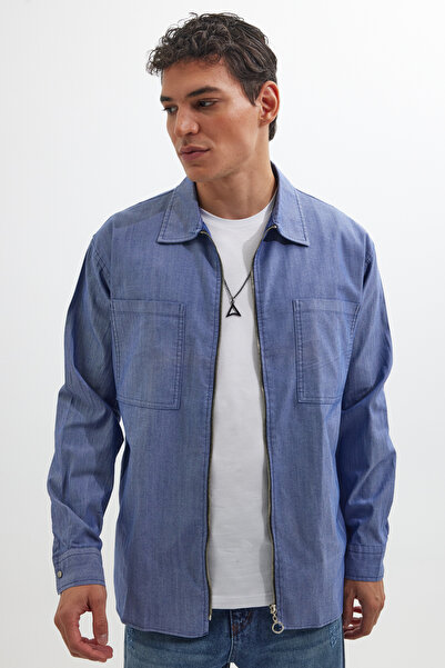 Tudors Relax Fit Uzun Kollu Denim Kot Parça Boyalı Çift Cep Fermuarlı Mavi Gömlek