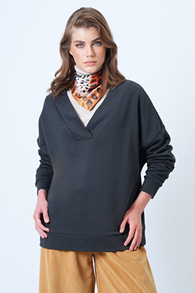 Trend Alaçatı Stili Women's Anthracite V-Neck Double-Breasted Oversized Sweatshirt Alc-X14555