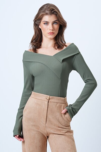 Trend Alaçatı Stili Γυναικεία Χακί Μπλούζα Οτομπάν με Φαρδύ Γιακά ALC-X14342