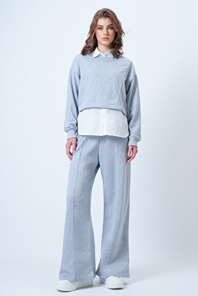 Trend Alaçatı Stili Women's Grimelange Special Stitch Detailed Sweatshirt and Comfortable Cut Ribbed Trouser Set Alc-X14608