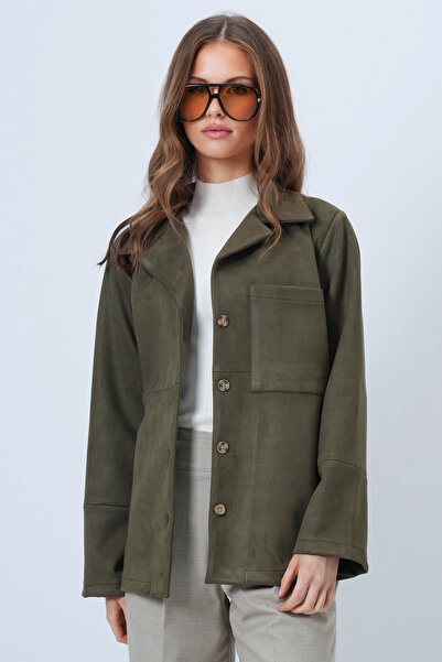 Trend Alaçatı Stili Women's Khaki Single Pocket Stitching Detail Faux Suede Jacket Alc-X14404