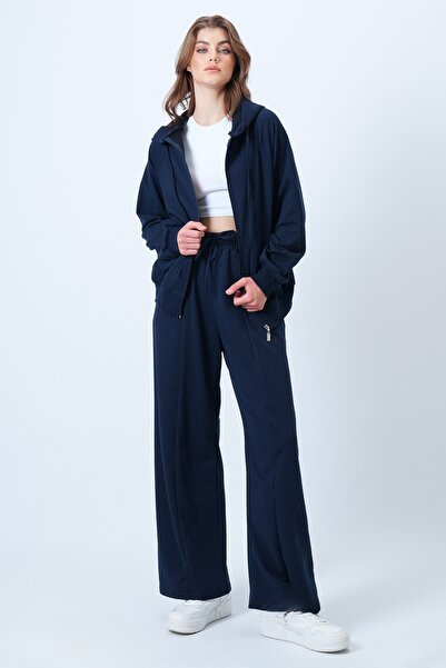 Trend Alaçatı Stili Γυναικείο μπουφάν με φερμουάρ και ψηλόμεσο παντελόνι με φαρδύ πόδι σε μπλε ναυτικό χρώμα ALC-X14606