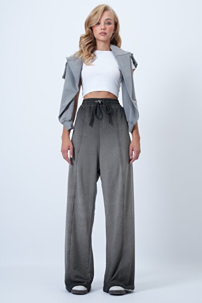 Trend Alaçatı Stili Women's Anthracite High Waist Gradient Palazzo Pants with Green Front Detail Alc-X14666