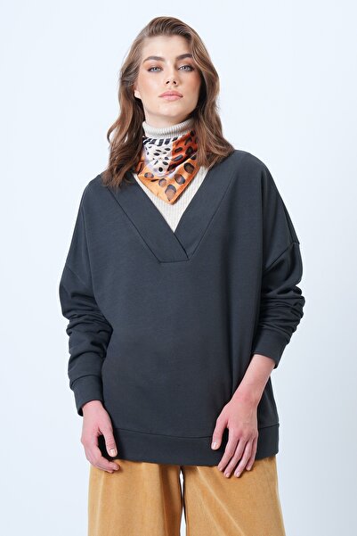 Trend Alaçatı Stili Women's Anthracite V-Neck Double-Breasted Oversized Sweatshirt Alc-X14555