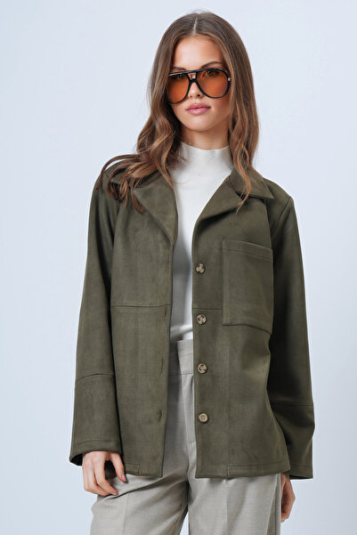 Trend Alaçatı Stili Women's Khaki Single Pocket Stitching Detail Faux Suede Jacket Alc-X14404