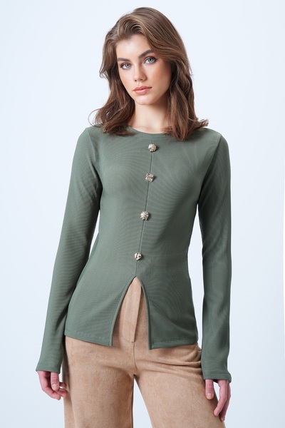 Trend Alaçatı Stili Women's Khaki Crew Neck Front Slit Button Detail Ottoban Blouse Alc-X14345