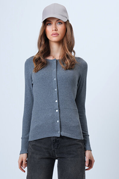 Trend Alaçatı Stili Women's Anthracite Wide Cuff Stitching Detail Button Front Camisole Blouse Alc-X14400