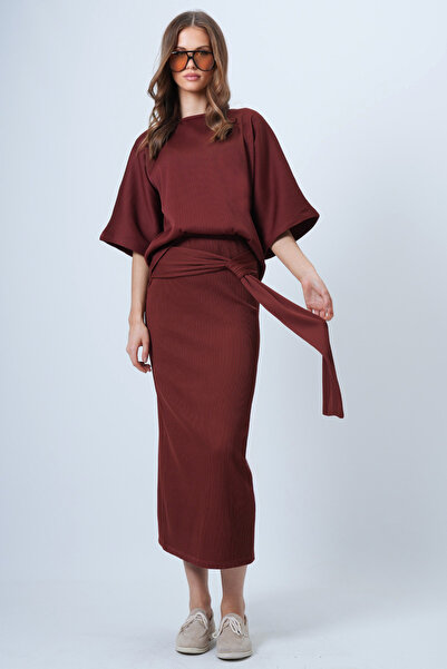 Trend Alaçatı Stili Women's Tile Boat Neck Blouse and Tie Detail Skirt Set Alc-X14638