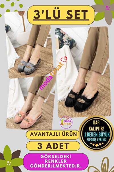 Modafırsat 3’lü Paket Kadın Tüylü Terlik Günlük Ev Terliği Çeyiz Bohça Gelin Misafir 3lü Terlik Seti