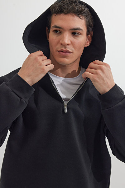 Tudors Unisex Relax Fit Rahat Kesim Pamuklu İçi Polarlı Yarım Fermuarlı Siyah Kapüşonlu Sweatshirt