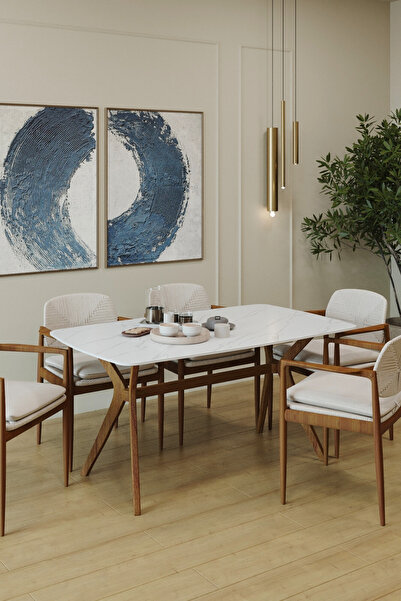 PLASMOB 80 x 140 Mutfak Masası(Sadece Masa) Marmo Beyaz-Ceviz MDF Salon ve Mutfak Masası Viktoria Model