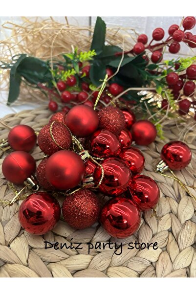 Deniz Party Store 3 Cm Lățime 24 Bucăți Ornament Roșu pentru Pomul de Anul Nou Cici Ball