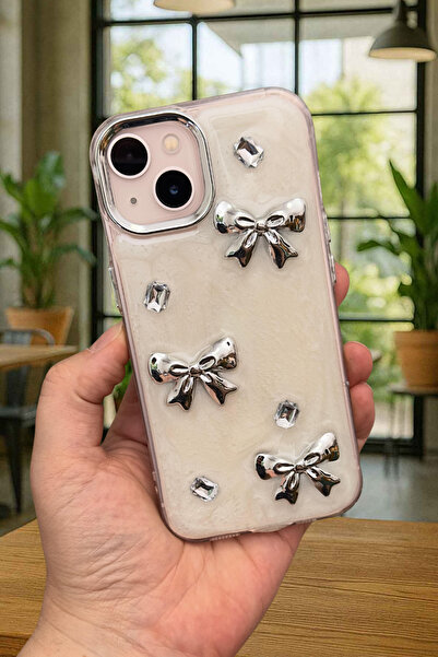 Vip Case iPhone 15/14 ve 13 Uyumlu Epoksili 3D Figürlü Kalpli Kurdelalı Parla...