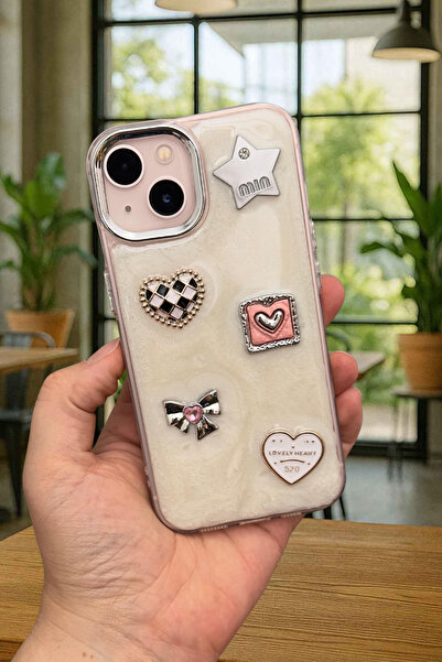 Vip Case iPhone 15/14 ve 13 Uyumlu Epoksili 3D Figürlü Kalpli Kurdelalı Parlak Şık Moda Kılıf