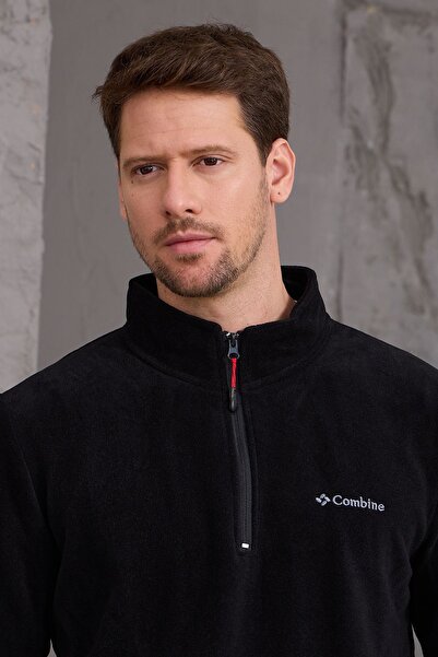 COMBİNE MİCHAİL Erkek Kışlık Kalın Yarım Fermuar Pamuklu Kumaş Polar Ceket SİYAH