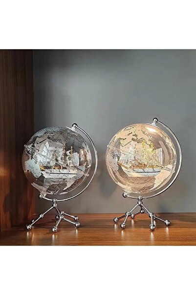 Generic Rotating World Globe with LED Light & Mini Sailboat - Transparent Gold Design