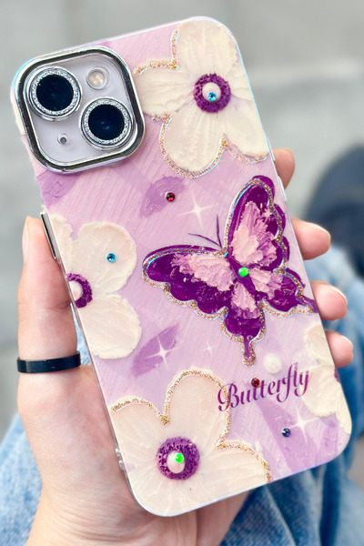 Vip Case iPhone 13 Çiçek Desenli Kendinden Lens Korumalı Elektrokaplama Parlak Şık Hologramlı Paint Kılıf