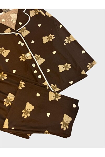 tusem butik homewear Σετ πιτζάμες για κορίτσια από βαμβακερό σουέτ ύφασμα καφέ με σχέδιο αρκουδάκι με γιακά πουκάμισου