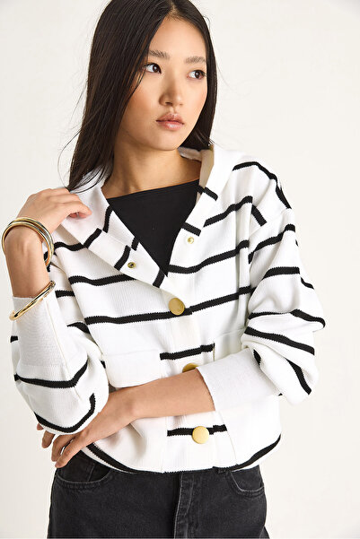 Bianco Lucci Women's Striped Large Pocket Hooded Cardigan 20246318