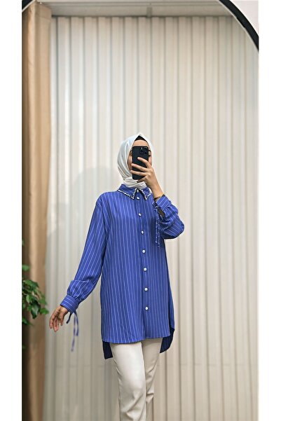 MERVE TESETTÜR Туніка зі шнурівкою на рукавах, оздобленим коміром та довгою с...