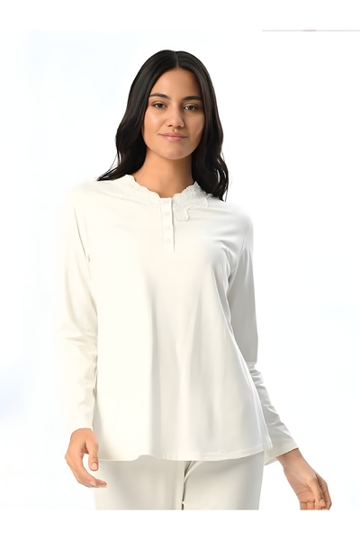 Lohussa Γυναικείο Σετ Πυτζάμες Εκρού Ζακάρ Δαντέλα Χειμερινό Ειδικό Σχέδιο Μητρότητας Ματαιούργια Φόρεμα