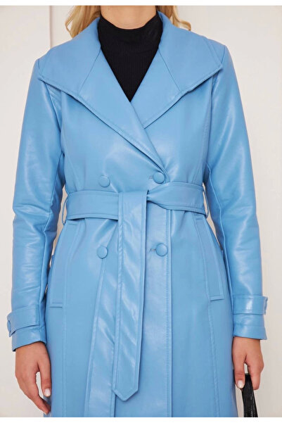 Zerenyus Long buttoned leather coat blue