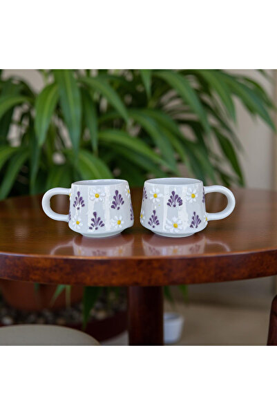 İlbay Çini Takı 2 Pieces Handcrafted Ceramic Lilac Mug with White Daisy Pattern