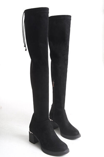 MALENTA Kadın Streç Diz Üstü Metal Topuk Detaylı Kalın Topuk Çizme – Bağcıklı...