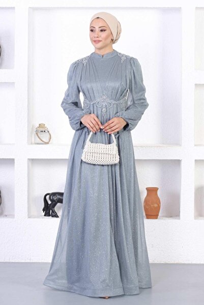 Missvalle Βραδινό φόρεμα με πέρλες και γκλίτερ γκλίτερ γκρι 12252