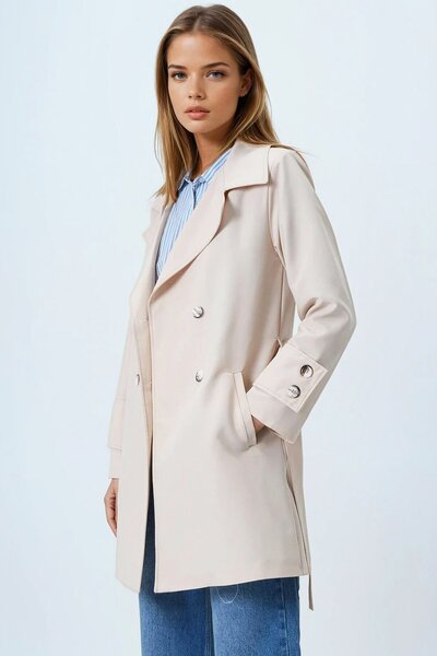 VAGGON Double-Breasted Collar Trench Coat with Tie and Lining