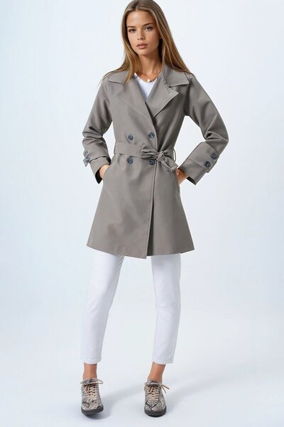 VAGGON Women's Khaki Double Breasted Collar Tie Lined Trench Coat Vs00842
