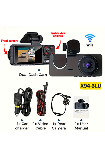 İMEXTECH 3 Kanallı Araç İçi Kamera 1080P WiFi Dashcam Gece Görüşlü Ön Arka İç DVR Kayıt Cihazı