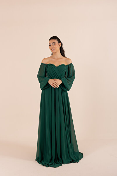 berissima bride Lona Kalp Yaka Drapeli Şifon Kloş Abiye Elbise