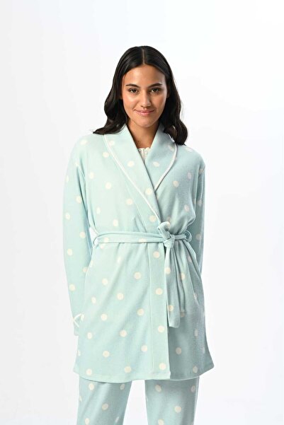 Lohussa Kadın Mavi Puantiyeli Önden Düğmeli Kışlık Özel Tasarım Hamile Lohusa Sabahlık Pijama Takımı Seti