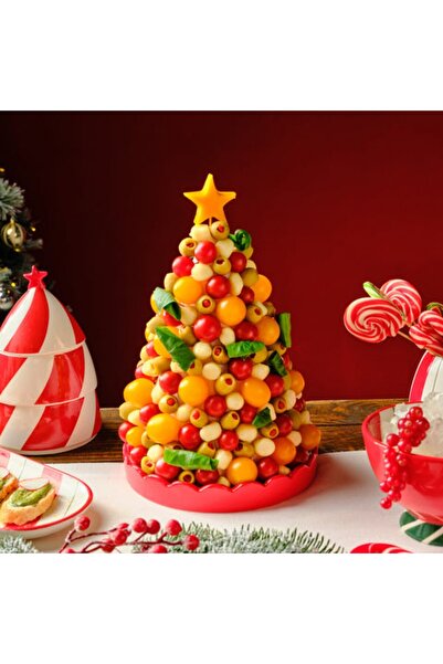 Karaca New Year Christmas Candy, Stripe Cake Plate, 20.5cm, Red